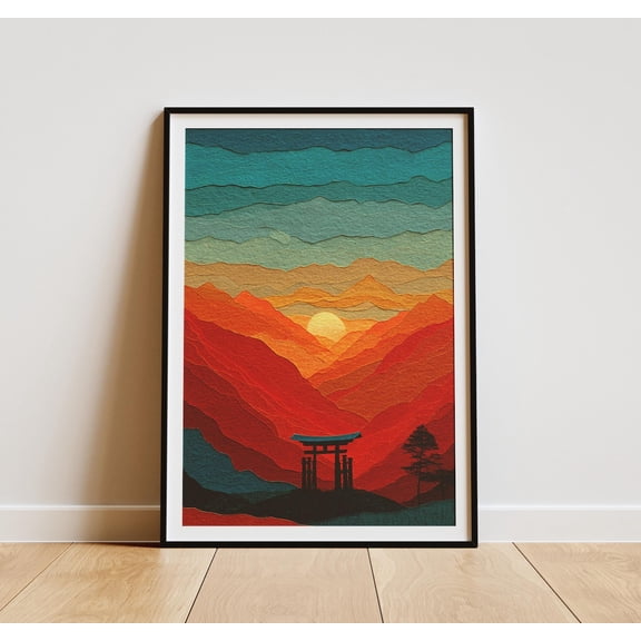 Torii Gate Japanese Sunset Wall Art, Japandi Zen Mountain Poster Unframed Paper Print