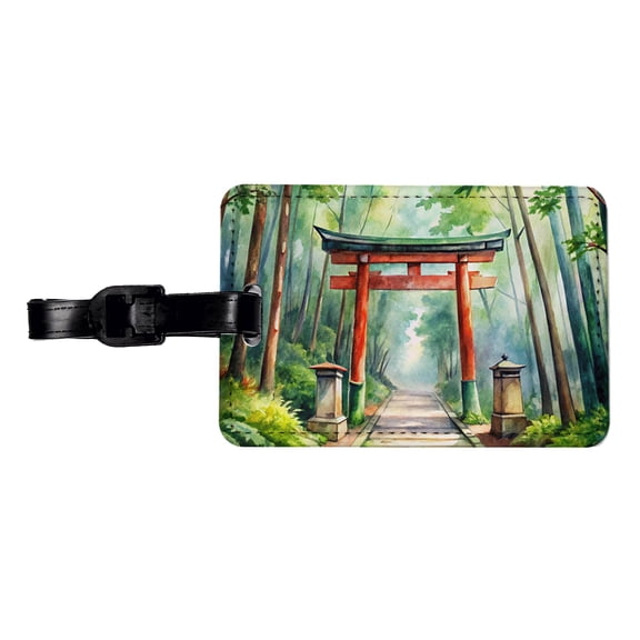 Torii Gate Leading To Forest Shrine Watercolor Faux Leather Travel Luggage Tag