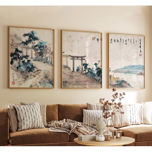 Torii Gate Mountain Shrine Set Of Japanese Ink Landscape Wall Art Soft White Blue Earth Tones Set 3 Unframed Paper Print