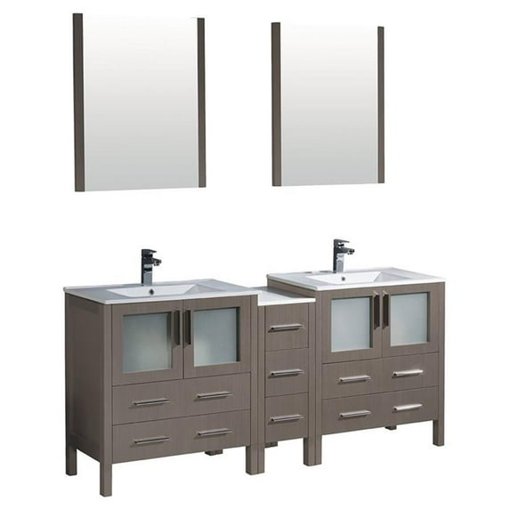 Fresca Torino 72" Gray Oak Modern Double Sink Bathroom Vanity w/ Side Cabinet & Integrated Sinks