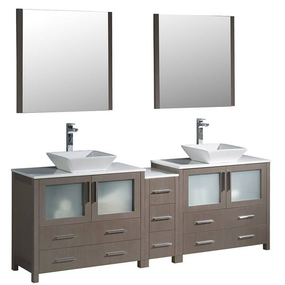 Torino 84"Gray Oak Dbl Sink Bathroom Vanity & Side Cabinet / Vessel Sinks