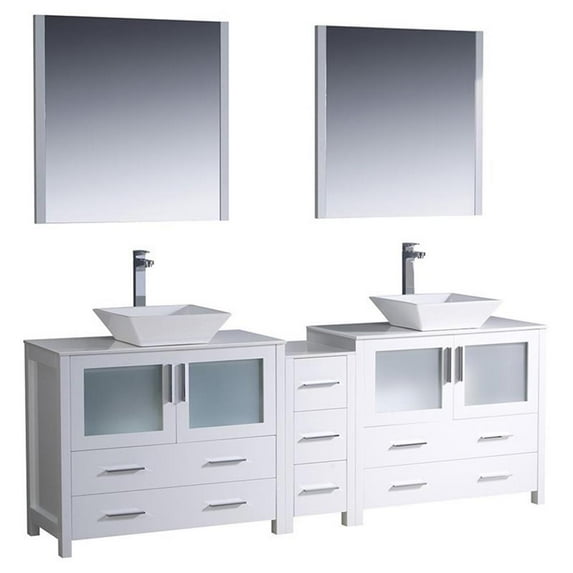 Fresca Torino 84" White Modern Double Sink Bathroom Vanity with Side Cabinet & Vessel Sinks