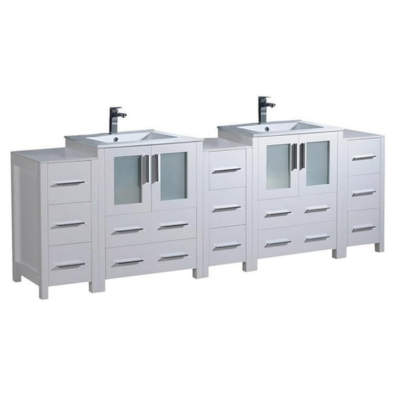 Torino 84" White Modern Double Sink Bathroom Cabinets with Integrated Sinks