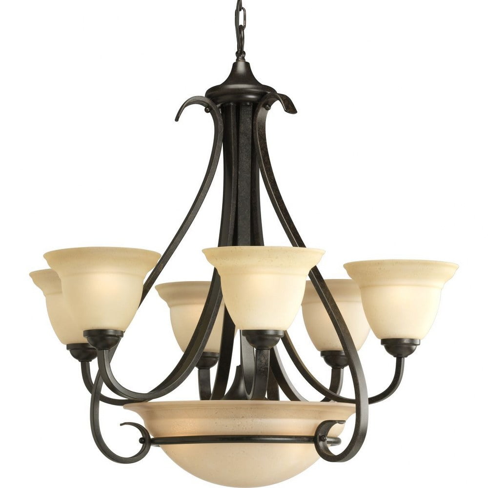 Torino 6-Light Two-Tier Bronze Chandelier with Etched Glass Shades