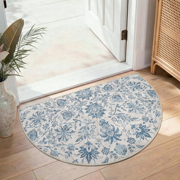 Torino Floral Entryway Rug 2x3 Half Circle Area Washable Vintage Indoor Moon Doormat Lightweight Soft Small Non-slip Semi Carpet For Kitchen Laundry Room Bathroom Dark Blue
