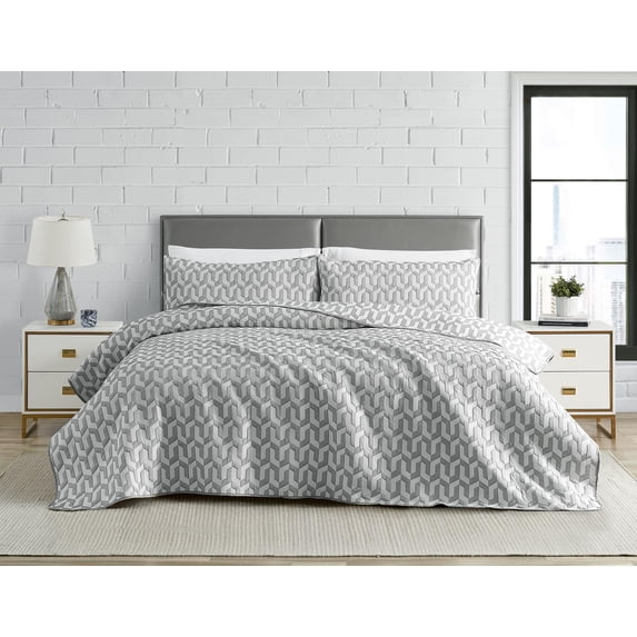 Torino Geo Grey 3-Piece Soft Woven Matelasse Reversible Jacquard Cotton Blend Quilt Set - King
