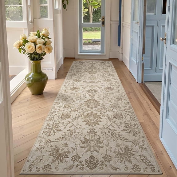 Torino Runner Rugs 3x8, Vintage-Inspired Floral Neutral Design Machine Washable Non-Slip Ultra-Thin Low-Pile Rubber Backing Traditional Rug for Kitchen Hallway Laundry Room Entryway Taupe