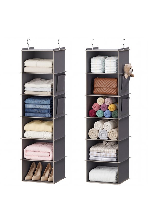 2-Pack Hanging Closet Organizer, 6-Shelf Fabric Storage Shelves, Grey