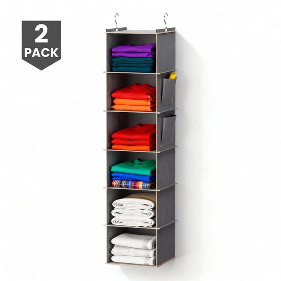 Torio 2-Pack Hanging Closet Organizer, 6-Shelf Fabric Storage Shelves, Grey