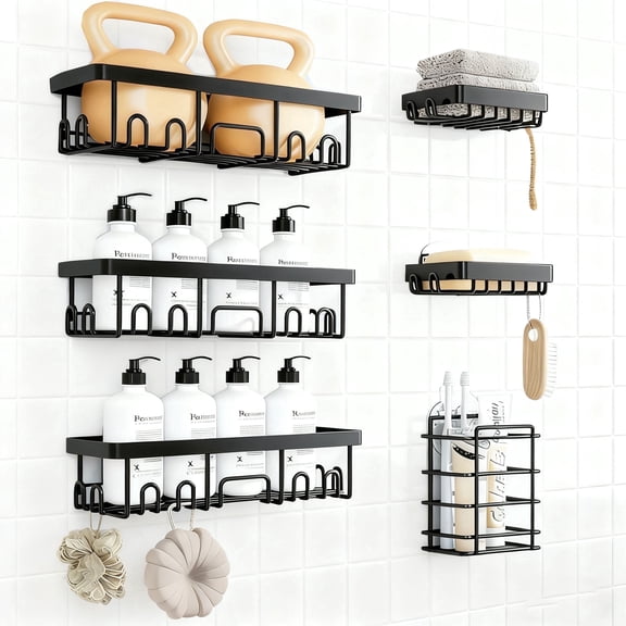 Torio Metal Wall Mount Adhesive Shower Caddy, Black, 6 Count