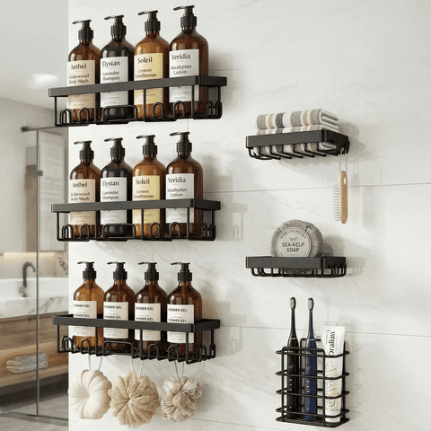 Metal Wall Mount Adhesive Shower Caddy, Black, 6 Count