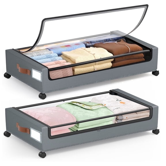 Under Bed Storage with Wheels, 2 Pack Under Bed Storage Containers with Clear Lids, Rolling Organizer Drawers for Clothes Shoes Blankets