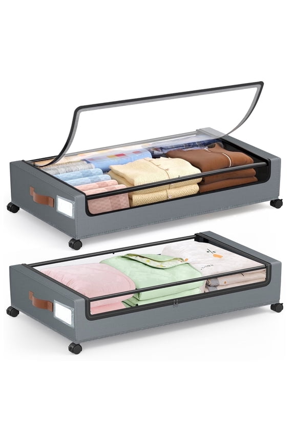Under Bed Storage with Wheels, 2 Pack Under Bed Storage Containers with Clear Lids, Rolling Organizer Drawers for Clothes Shoes Blankets