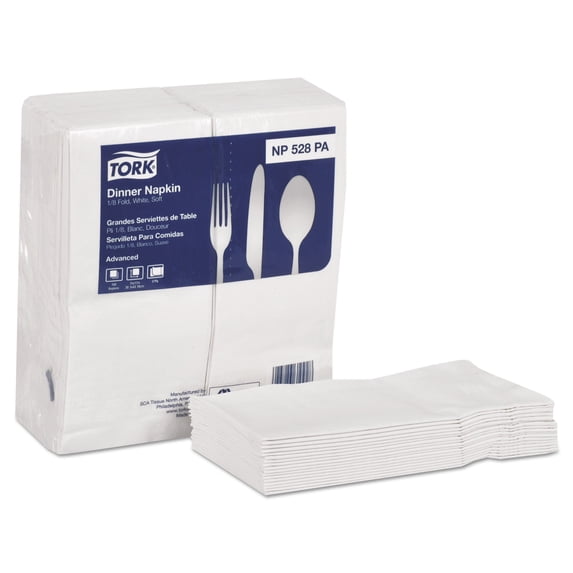 Tork Advanced Soft Dinner Napkins, 2-Ply, 15x17, 1/8 Fold, Poly-Pack, White, 2000/Ct