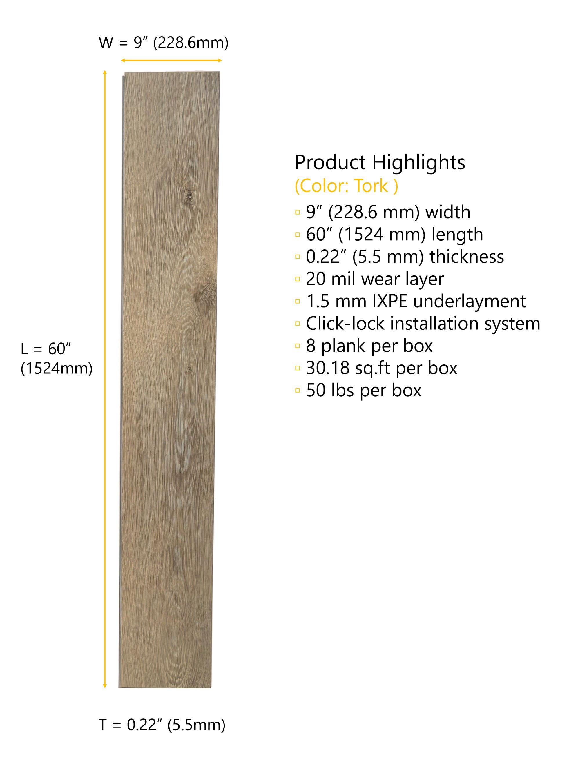 Tork (Light Rustic Oak) 20 MIL Wear Layer 5.5mm Thick x 9 in. W x 60 in. L Click Lock Waterproof Luxury Vinyl Plank Flooring with IXPE (30.18 sqft/case)