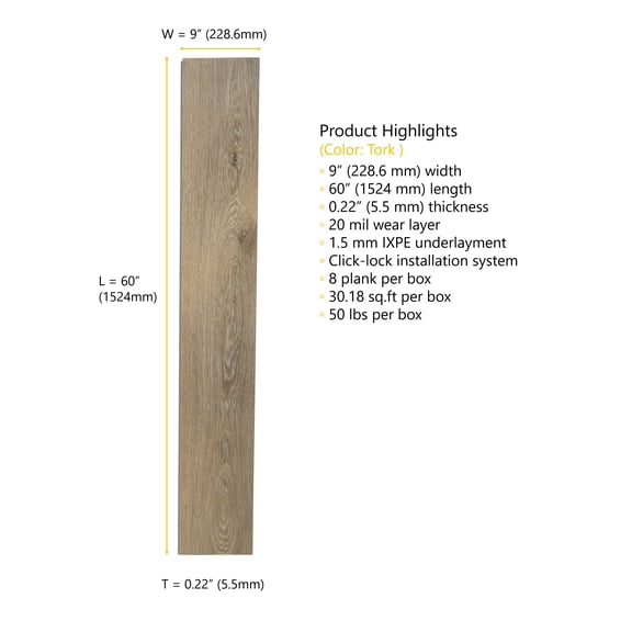 Tork (Light Rustic Oak) 20 MIL Wear Layer 5.5mm Thick x 9 in. W x 60 in. L Click Lock Waterproof Luxury Vinyl Plank Flooring with IXPE (30.18 sqft/case)