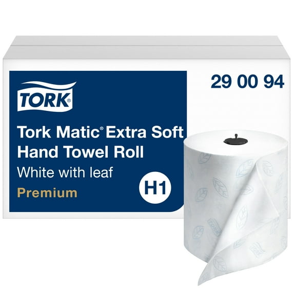 Tork Matic® Extra Soft Hand Towel Roll White with Blue Leaf H1, Premium, High Absorbency, 6 Rolls x 300 ft, 290094