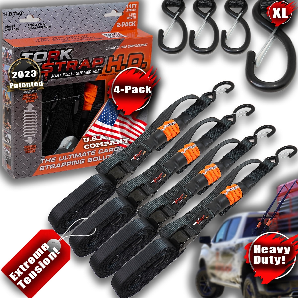 TorkStrap HD750 Spring Loaded Tie Down Straps with Hooks Just Pull