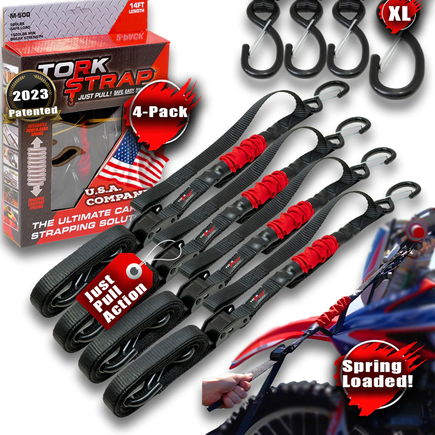 TorkStrap M500 10' x 1'' Spring Loaded Tie Down Straps with Hooks