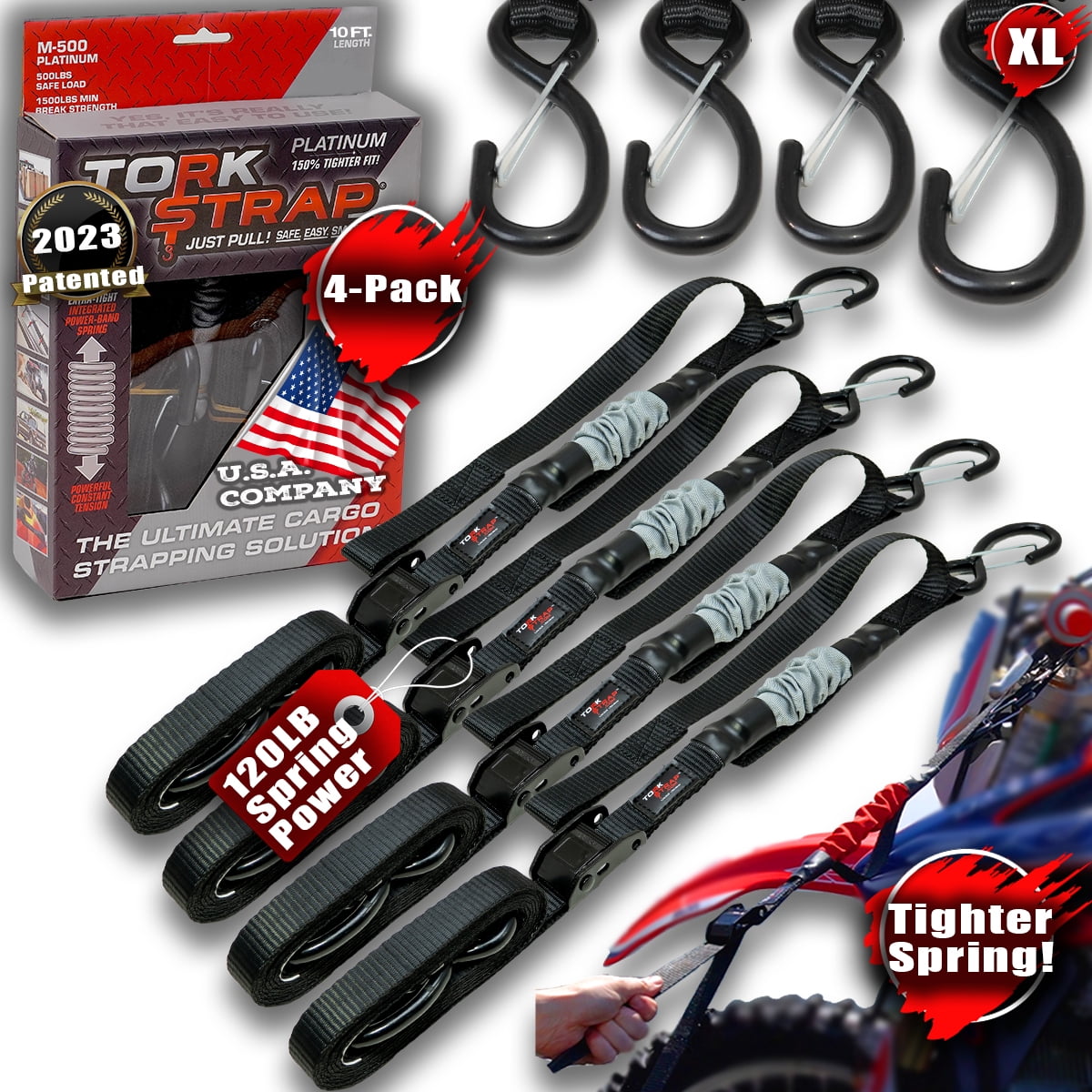 TorkStrap M500 Platinum Spring Loaded Tie Down Straps with Hooks