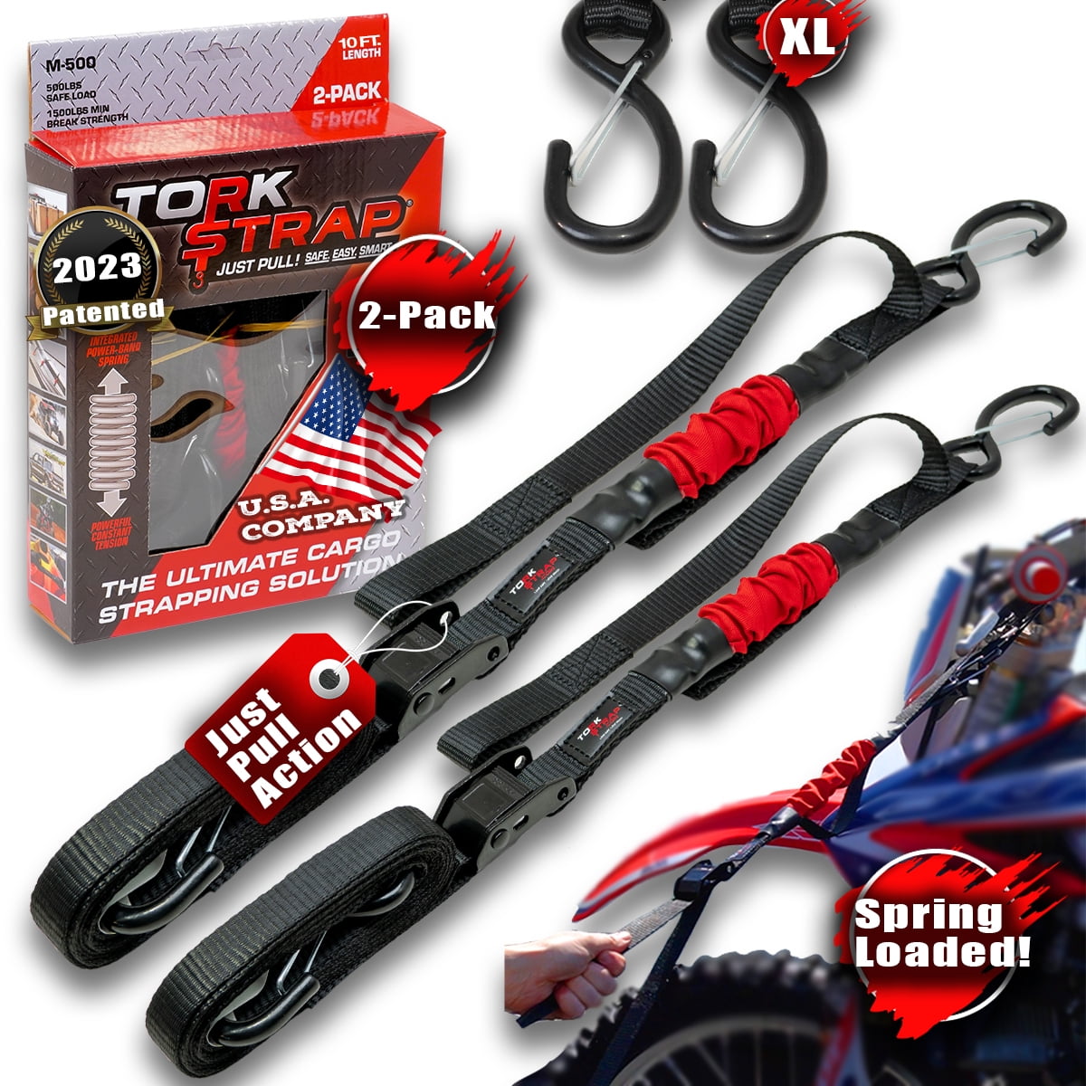 TorkStrap M500 Spring Loaded Tie Down Straps with Hooks Just Pull