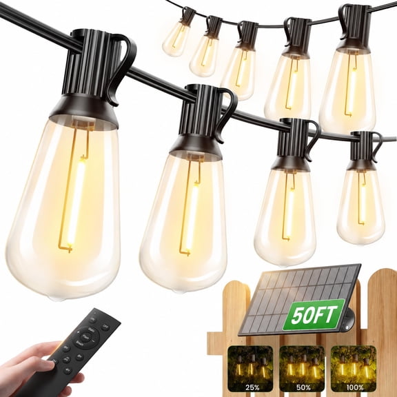 Torkase 50FT Solar String Lights Outdoor Waterproof with Remote & Timer, LED Shatterproof ST38 Bulbs, USB & Solar Powered Patio Lights for Backyard, Porch, Garden, Wedding Decor,Dusk to Dawn Lighting