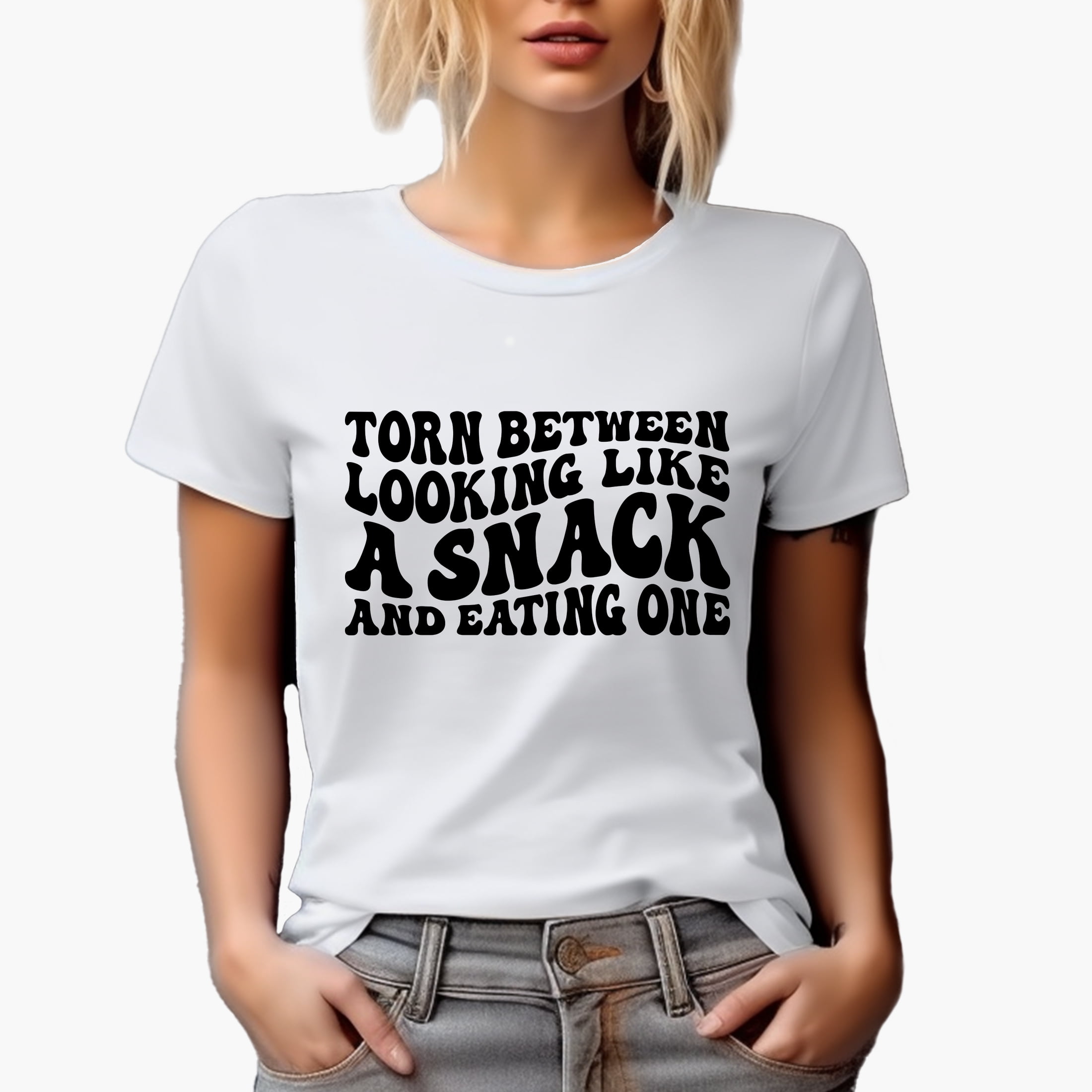 Torn Between Looking Like a Snack and Eating One Workout Humor Quote Groovy Retro Wavy Text Merch Gift White T Shirt XL