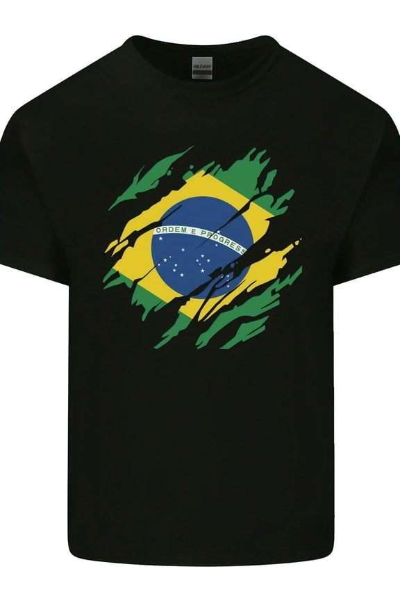 Torn Brazil Flag Brazilian Day Football Mens Cotton T-Shirt Tee Top