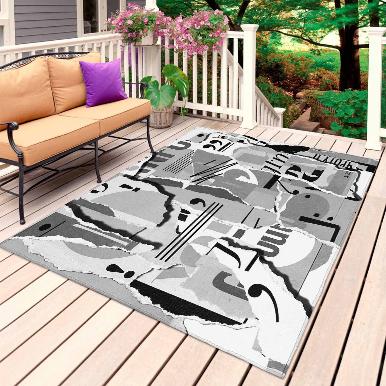 Torn Paper Outdoor Rug 5x8 Ft, Non Slip Washable Area Rug, Vintage Abstract Collage Newspaper Art Patio Rugs Carpet Runner, Large Floor Mat for Indoor/Outdoor Deck Porch Camping