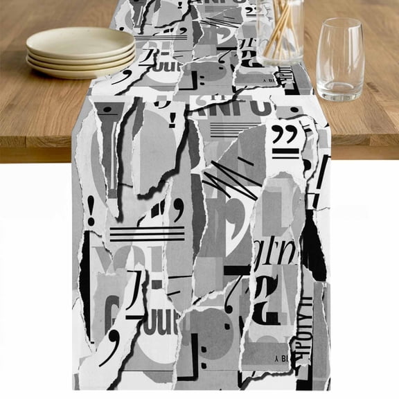 Torn Paper Table Runner - 48 Inch Long Vintage Abstract Collage Newspaper Art Cotton and Linen Blended Dress Scarves Farmhouse Table Runner for Kitchen Dining, Coffee Table, 13" x 48"