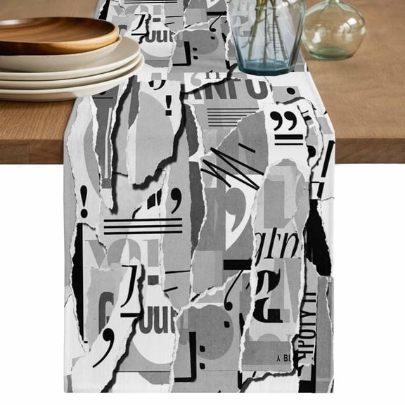 Torn Paper Table Runner, Vintage Abstract Collage Newspaper Art Washable Cotton Linen Table Runners 36 Inches Long, Dresser Scarf Runner for Nightstand/End Tables/Round Tables 13''x36''