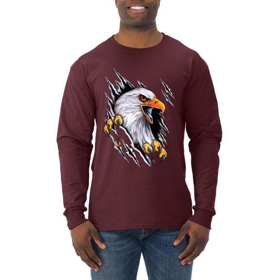 Torn Ripped Eagle Claws Animal Lover Mens Long Sleeve Shirt, Maroon, 3XL