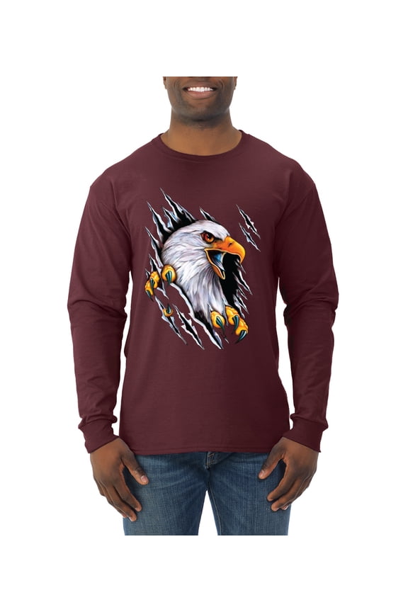 Torn Ripped Eagle Claws Animal Lover Mens Long Sleeve Shirt, Maroon, Large