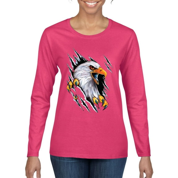 Torn Ripped Eagle Claws Animal Lover Womens Graphic Long Sleeve T-Shirt, Fuschia, Large