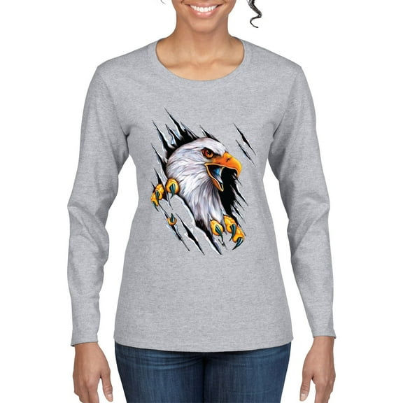 Torn Ripped Eagle Claws Animal Lover Womens Graphic Long Sleeve T-Shirt, Heather Grey, Large