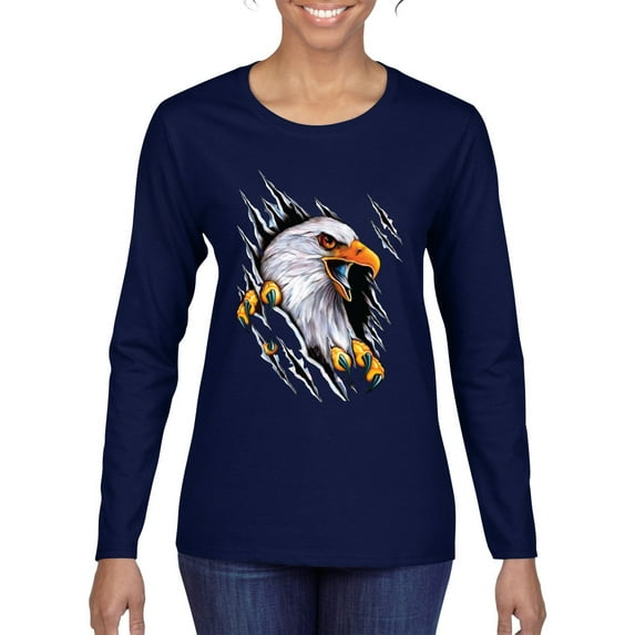 Torn Ripped Eagle Claws Animal Lover Womens Graphic Long Sleeve T-Shirt, Navy, Medium