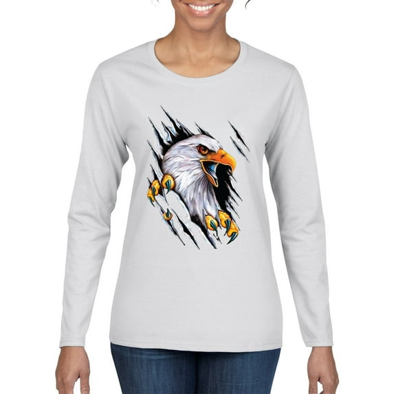 Torn Ripped Eagle Claws Animal Lover Womens Graphic Long Sleeve T-Shirt, White, Medium