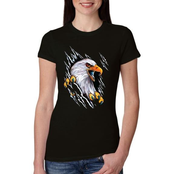 Torn Ripped Eagle Claws Animal Lover Womens Slim Fit Junior Tee, Black, Small