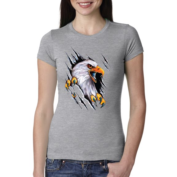 Torn Ripped Eagle Claws Animal Lover Womens Slim Fit Junior Tee, Heather Grey, 2XL