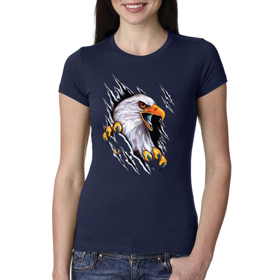 Torn Ripped Eagle Claws Animal Lover Womens Slim Fit Junior Tee, Navy, Small
