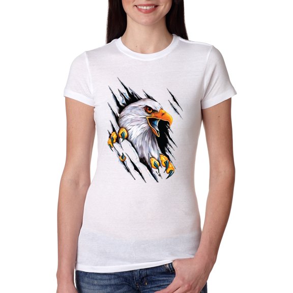 Torn Ripped Eagle Claws Animal Lover Womens Slim Fit Junior Tee, White, X-Large