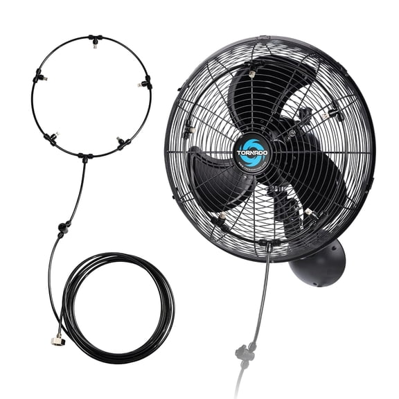 Tornado 16 Inch Outdoor Wall Mount Fan with Pre-Installed Misting Kit for Patio Barn Greenhouse, 3-Speed Ball Bearing Motor, 3300 CFM High Velocity, IPX4 Water-Resistant, 5 Brass Nozzles Misting