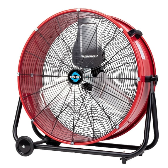 Tornado 24 Inch High Velocity Heavy Duty Tilt Metal Drum Fan Wide Version Red Commercial, Industrial Use 3 Speed 8800 CFM 8 FT Cord UL Safety Listed