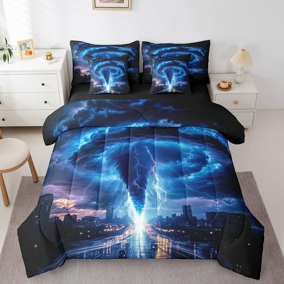 Tornado Bedding Queen,Natural Disaster Comforter Set For Bedroom,3D Tornado Storm Horror Theme Duvet Set (Comforter+Fitted+Flat Sheet+2 Pillowcases+2 Throw Pillow Covers) 7 Pieces Bed Set