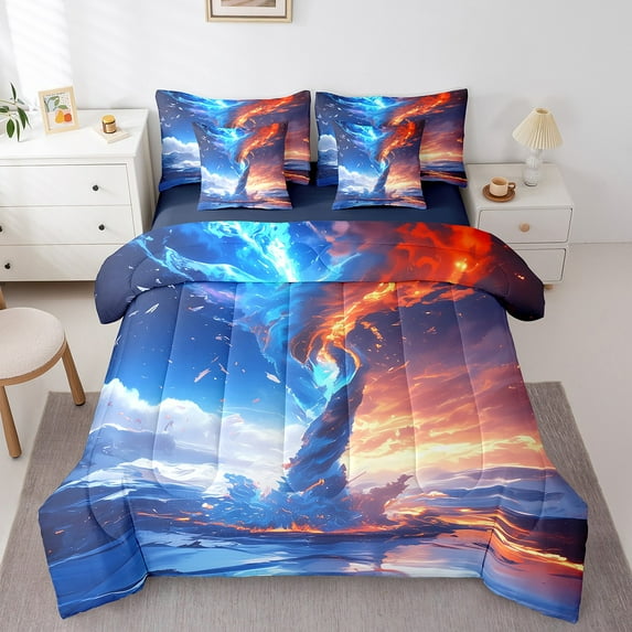 Tornado Bedding Set White Cloud Natural Disaster Bed In A Bag With Sheets Blue Red Tornado Comforter Set 7 Pcs Bedding Sets King Size Size Room Decor,Soft Lightweight Bed Set