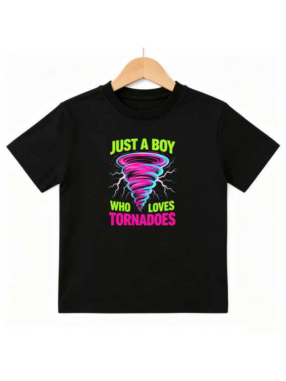 Tornado Lover Boys Graphic Print T-Shirt, Just A Boy Extreme Weather 100% Cotton Kids Short Sleeve Tee