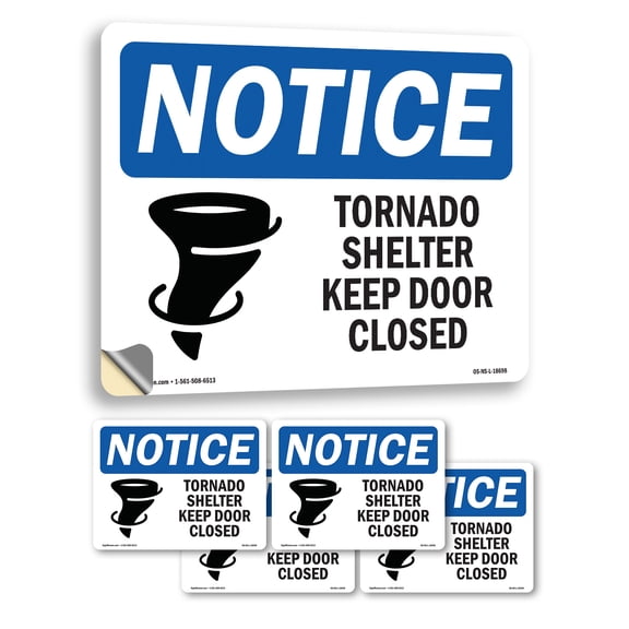 Tornado Shelter Keep Door Closed With Symbol OSHA Notice Vinyl Decal Label 7 Inch x 5 Inch - 5 Pack