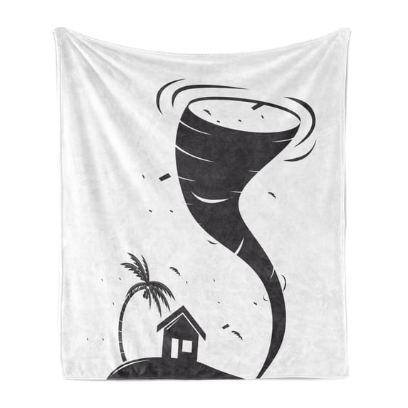 Tornado Soft Flannel Fleece Blanket, Hurricane Crashing the Little House Palm Tree Tropical Season Graphic Art, Cozy Plush for Indoor and Outdoor Use, 50" x 70", Charcoal Grey White, by Ambesonne