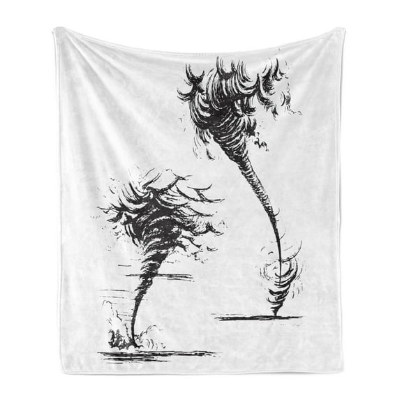 Tornado Soft Flannel Fleece Blanket, Hurricane in Sketch Style Extreme Bad Weather Hand Drawn Doodle Danger Clouds, Cozy Plush for Indoor and Outdoor Use, 60" x 80", Black and White, by Ambesonne