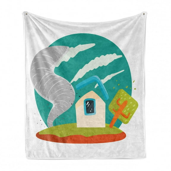 Tornado Soft Flannel Fleece Throw Blanket, House Caught in Whirlwinds Thunderstorm Catastrophe Disaster Cartoon Design, Cozy Plush for Indoor and Outdoor Use, 60" x 80", Multicolor, by Ambesonne